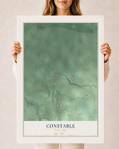 Constable, New York map print, 24" x 36" W/ White Ayous Wood Frame mockup