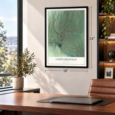 Constableville, New York map, 18 x 24 inch print in a black frame in a home office