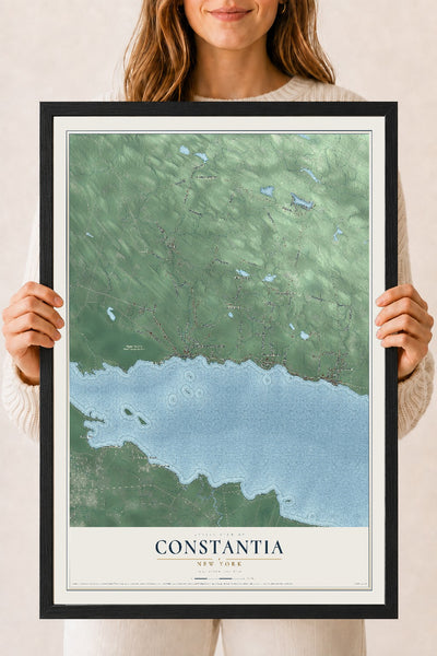 Constantia, New York map print, 18" x 24" W/ Black Ayous Wood Frame mockup