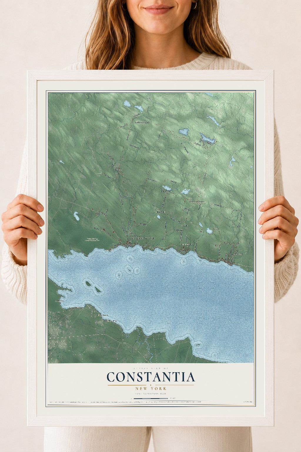 Constantia, New York map print, 18" x 24" W/ White Ayous Wood Frame mockup