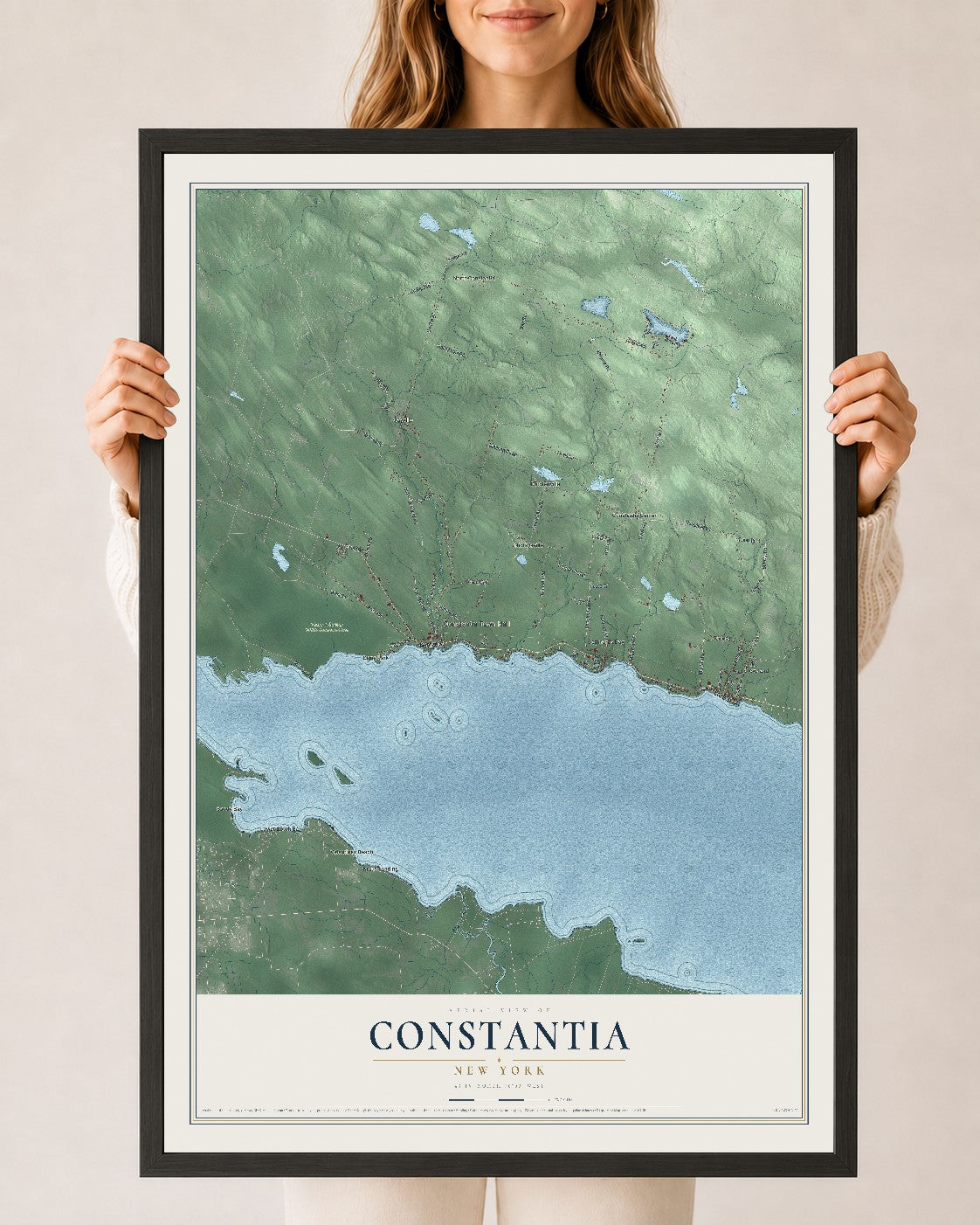 Constantia, New York map print, 24" x 36" W/ Black Ayous Wood Frame mockup