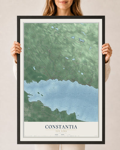 Constantia, New York map print, 24" x 36" W/ Black Ayous Wood Frame mockup