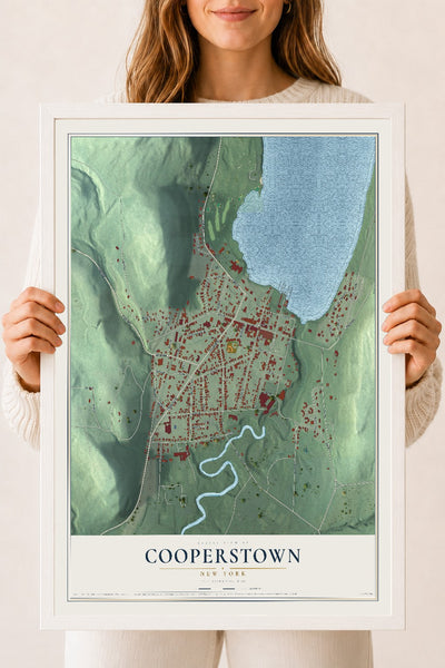 Cooperstown, New York map print, 18" x 24" W/ White Ayous Wood Frame mockup