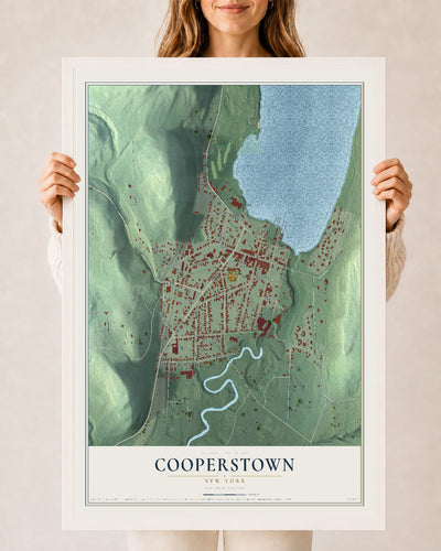 Cooperstown, New York map print, 24" x 36" W/ White Ayous Wood Frame mockup