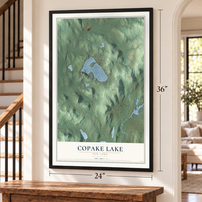Copake Lake, New York map, 24 x 36 inch print in a black frame by a staircase