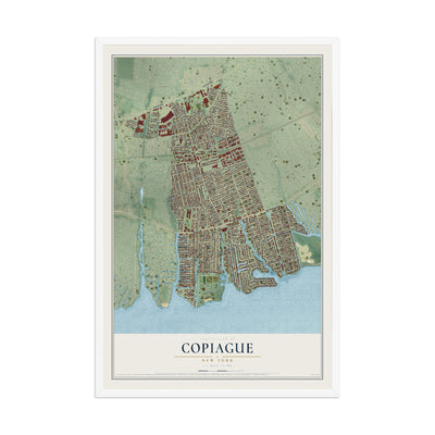 Copiague, New York map print, 12" x 18" W/ White Ayous Wood Frame mockup
