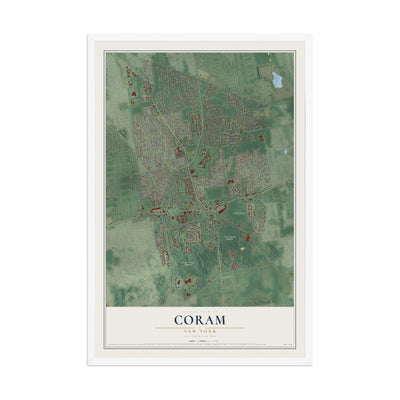Coram, New York map print, 12" x 18" W/ White Ayous Wood Frame mockup