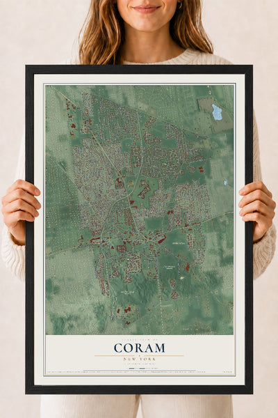 Coram, New York map print, 18" x 24" W/ Black Ayous Wood Frame mockup