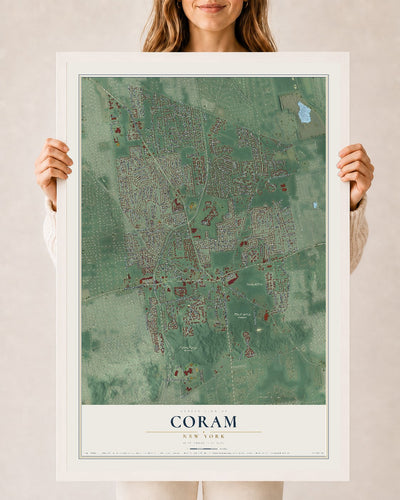 Coram, New York map print, 24" x 36" W/ White Ayous Wood Frame mockup
