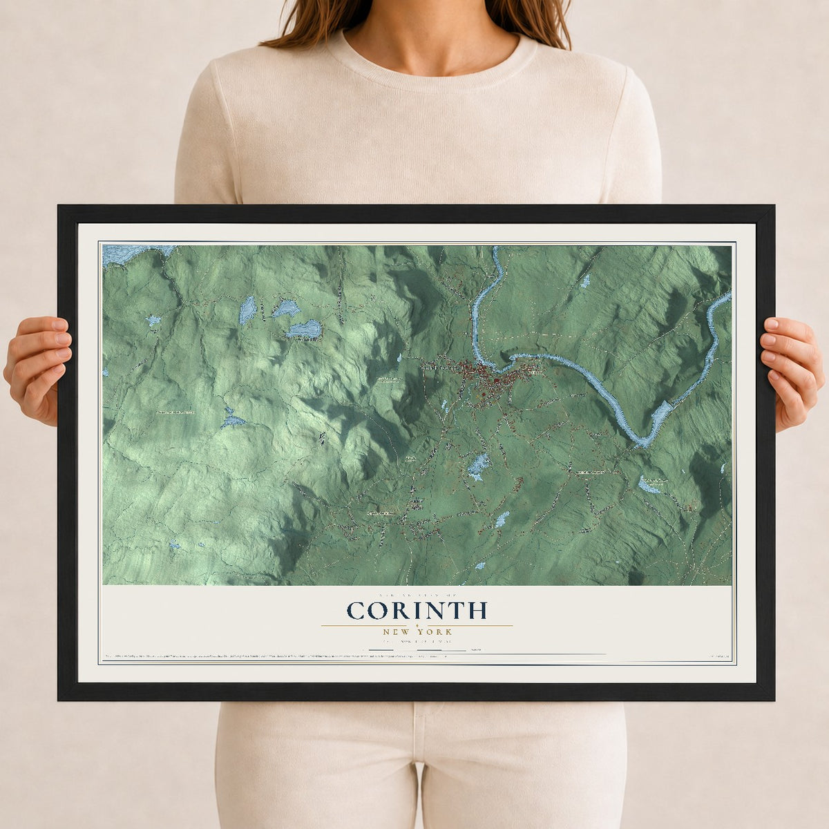 Corinth, New York map print, 12" x 18" W/ Black Ayous Wood Frame mockup