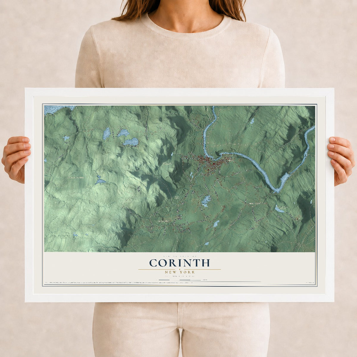Corinth, New York map print, 12" x 18" W/ White Ayous Wood Frame mockup