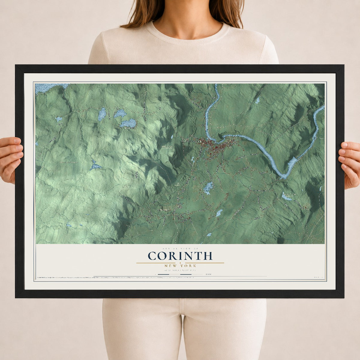 Corinth, New York map print, 18" x 24" W/ Black Ayous Wood Frame mockup