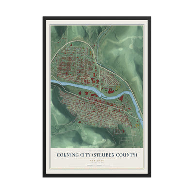 Corning City (Steuben County), New York map print, 12" x 18" W/ Black Ayous Wood Frame mockup