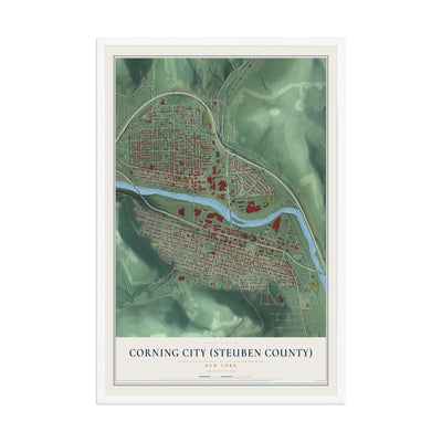 Corning City (Steuben County), New York map print, 12" x 18" W/ White Ayous Wood Frame mockup
