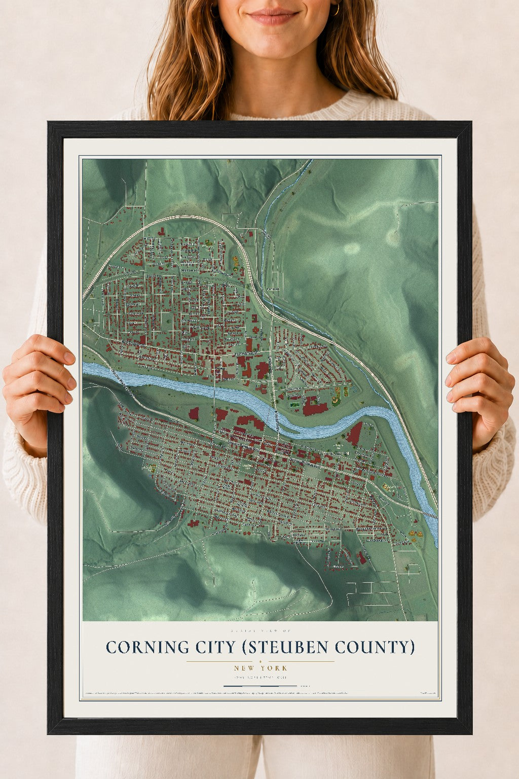 Corning City (Steuben County), New York map print, 18" x 24" W/ Black Ayous Wood Frame mockup