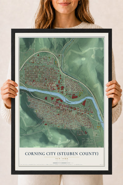 Corning City (Steuben County), New York map print, 18" x 24" W/ Black Ayous Wood Frame mockup