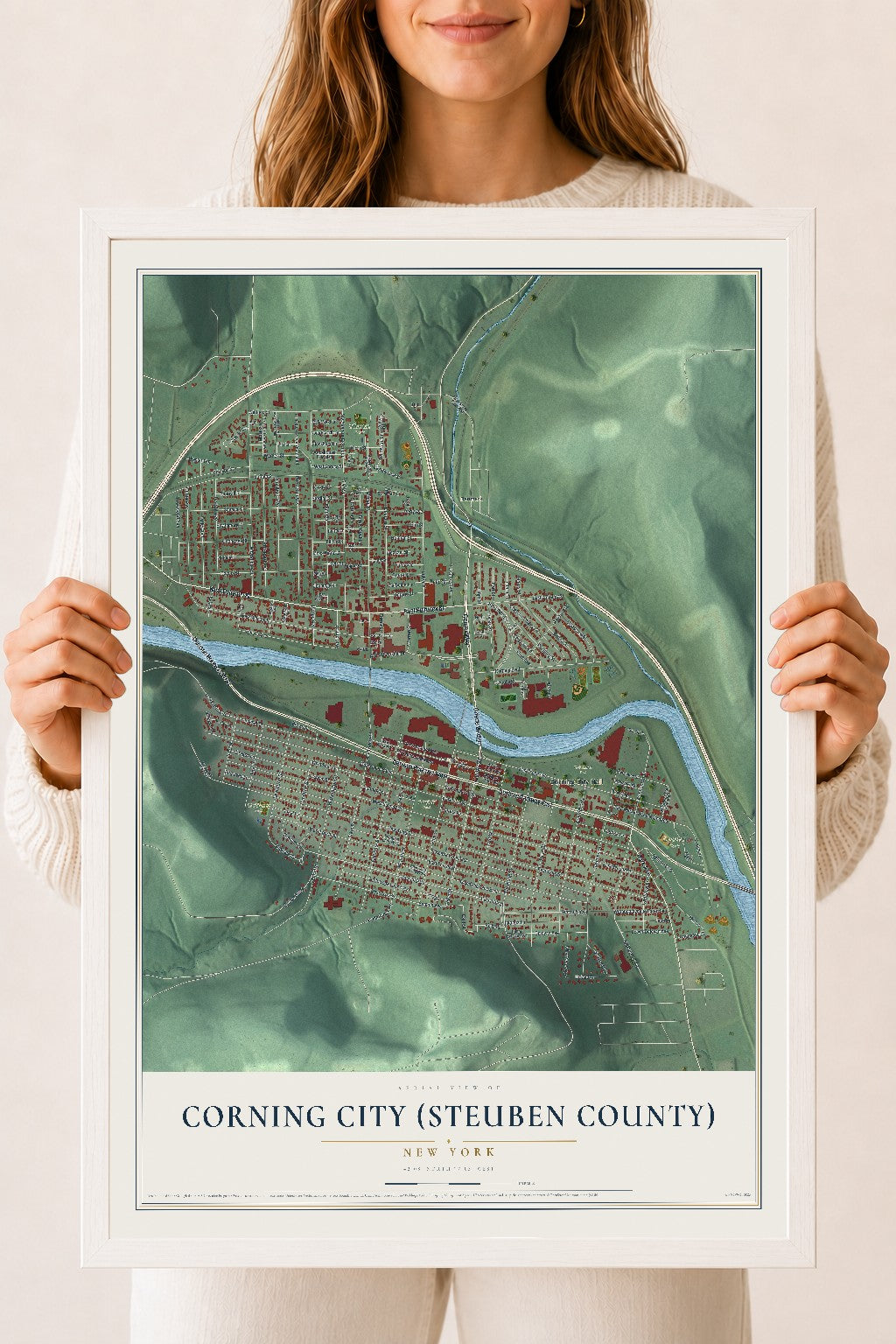 Corning City (Steuben County), New York map print, 18" x 24" W/ White Ayous Wood Frame mockup
