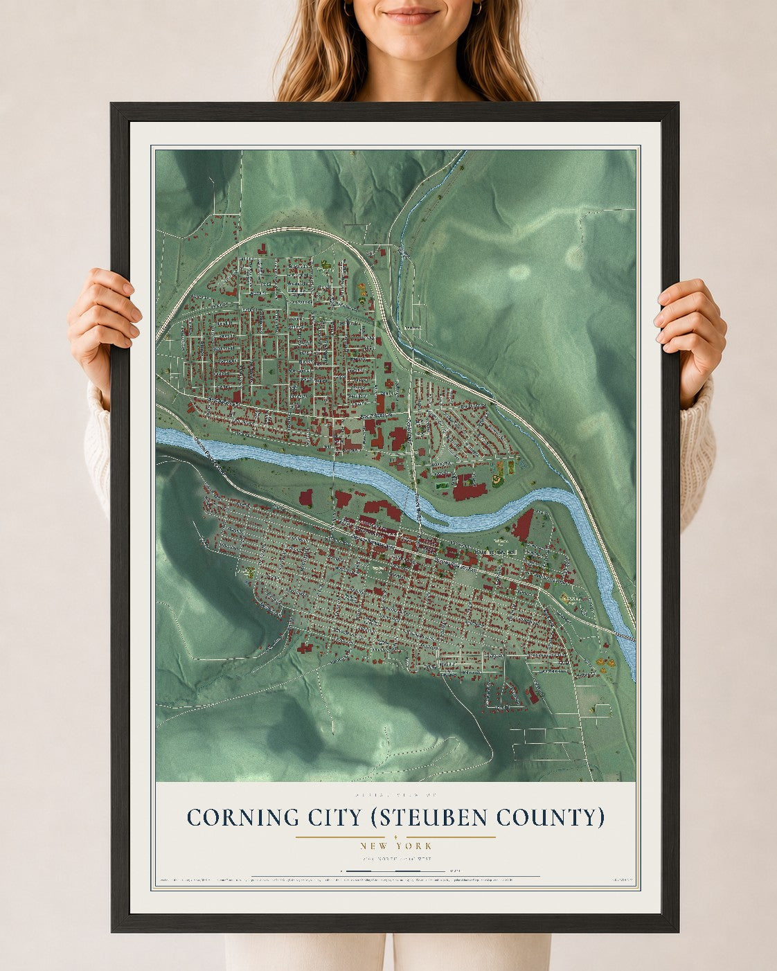 Corning City (Steuben County), New York map print, 24" x 36" W/ Black Ayous Wood Frame mockup