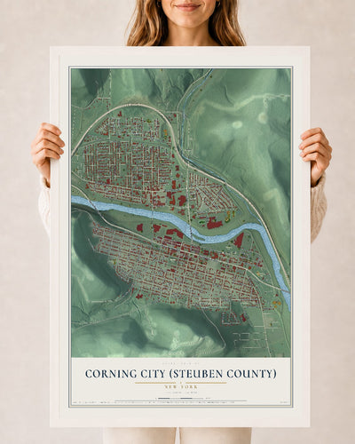 Corning City (Steuben County), New York map print, 24" x 36" W/ White Ayous Wood Frame mockup