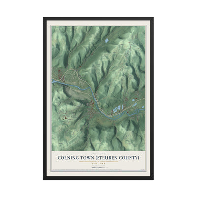 Corning Town (Steuben County), New York map print, 12" x 18" W/ Black Ayous Wood Frame mockup