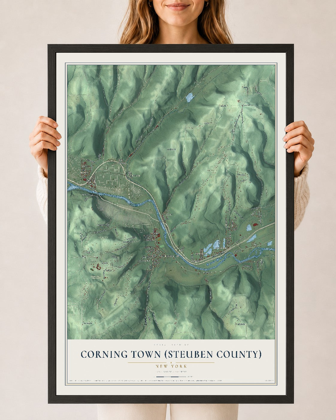 Corning Town (Steuben County), New York map print, 24" x 36" W/ Black Ayous Wood Frame mockup