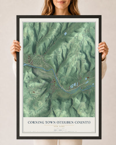 Corning Town (Steuben County), New York map print, 24" x 36" W/ Black Ayous Wood Frame mockup