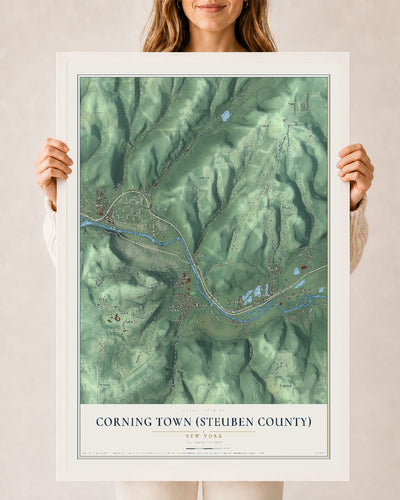 Corning Town (Steuben County), New York map print, 24" x 36" W/ White Ayous Wood Frame mockup
