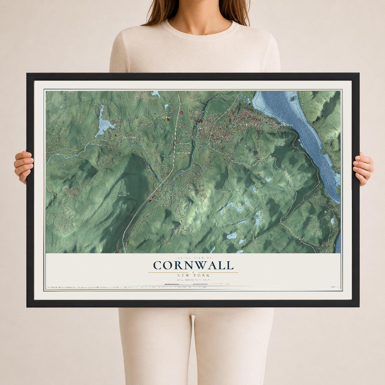 Cornwall, New York map print, 24" x 36" W/ Black Ayous Wood Frame mockup