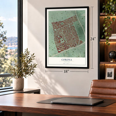 Corona, New York map, 18 x 24 inch print in a black frame in a home office