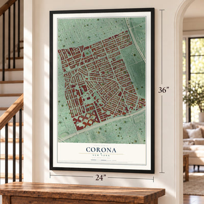 Corona, New York map, 24 x 36 inch print in a black frame by a staircase