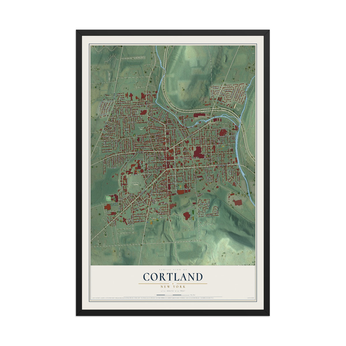 Cortland, New York map print, 12" x 18" W/ Black Ayous Wood Frame mockup