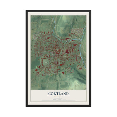 Cortland, New York map print, 12" x 18" W/ Black Ayous Wood Frame mockup
