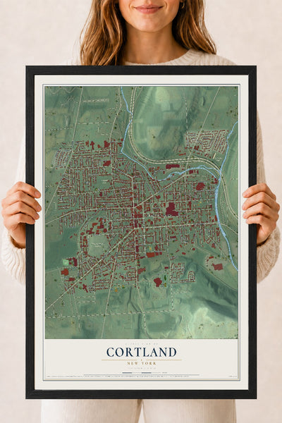 Cortland, New York map print, 18" x 24" W/ Black Ayous Wood Frame mockup
