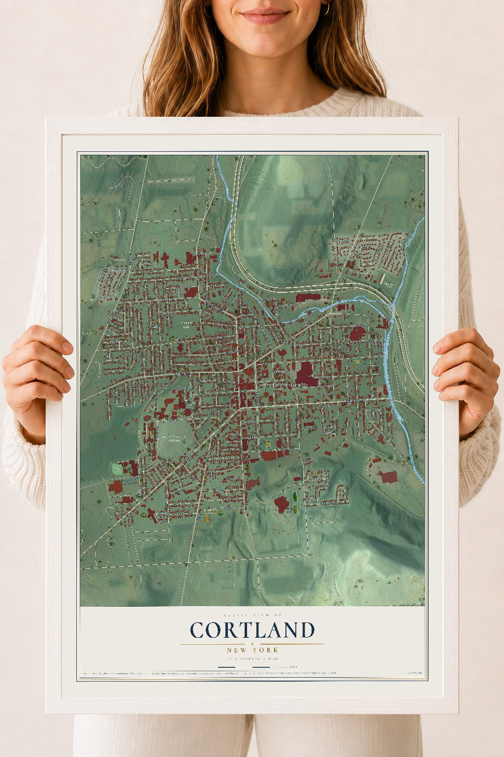 Cortland, New York map print, 18" x 24" W/ White Ayous Wood Frame mockup