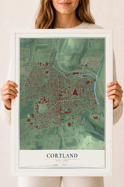 Cortland, New York map print, 18" x 24" W/ White Ayous Wood Frame mockup