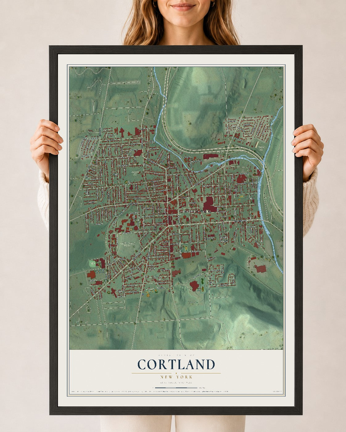 Cortland, New York map print, 24" x 36" W/ Black Ayous Wood Frame mockup