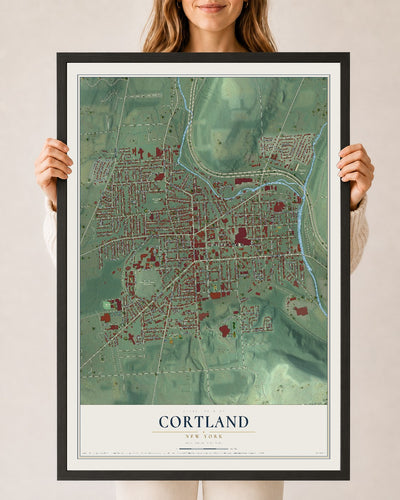 Cortland, New York map print, 24" x 36" W/ Black Ayous Wood Frame mockup