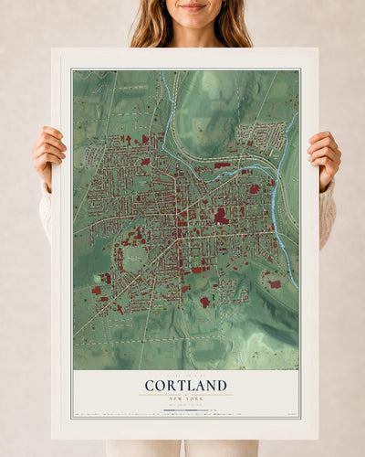 Cortland, New York map print, 24" x 36" W/ White Ayous Wood Frame mockup