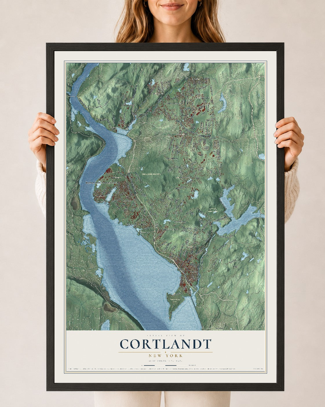 Cortlandt, New York map print, 24" x 36" W/ Black Ayous Wood Frame mockup
