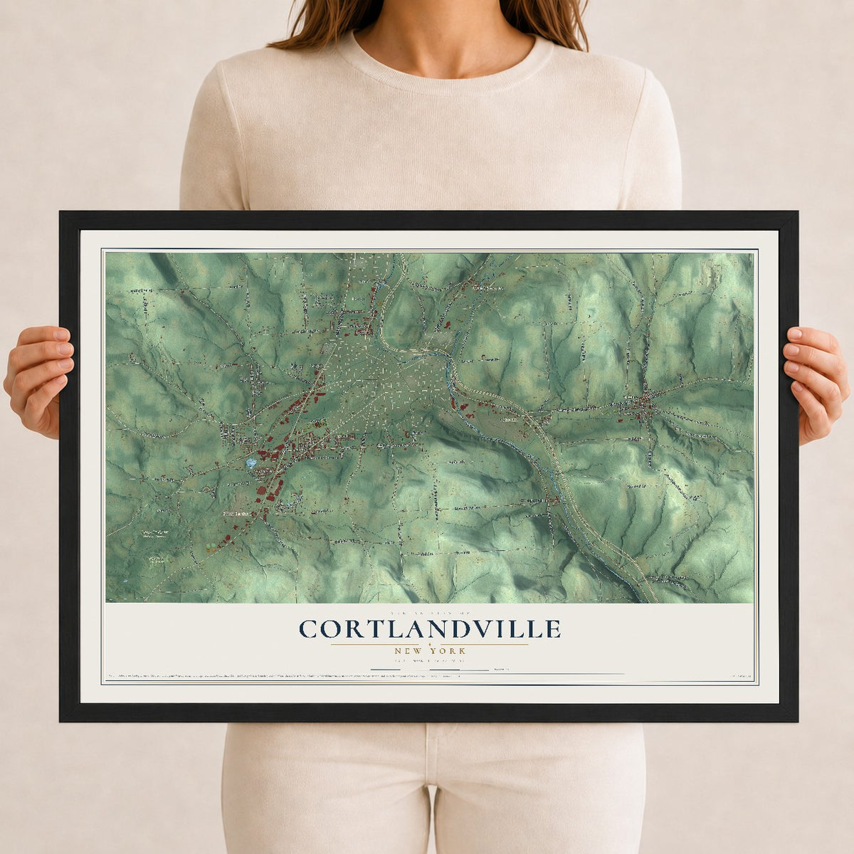Cortlandville, New York map print, 12" x 18" W/ Black Ayous Wood Frame mockup