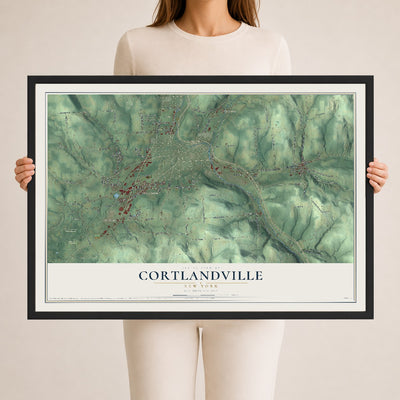 Cortlandville, New York map print, 24" x 36" W/ Black Ayous Wood Frame mockup