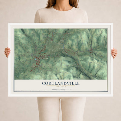 Cortlandville, New York map print, 24" x 36" W/ White Ayous Wood Frame mockup