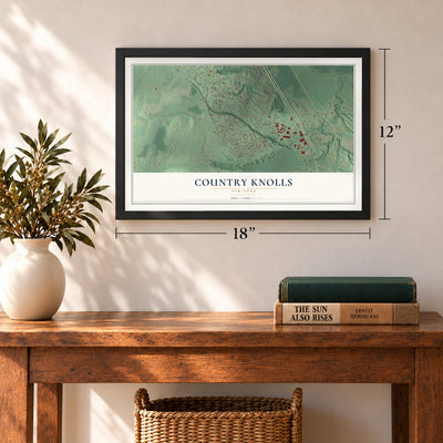 Country Knolls, New York map, 12 x 18 inch print in a black frame in an entryway