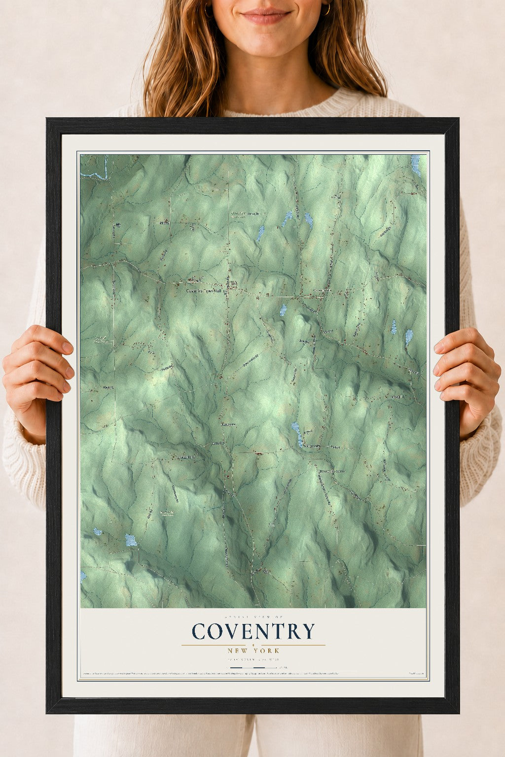 Coventry, New York map print, 18" x 24" W/ Black Ayous Wood Frame mockup