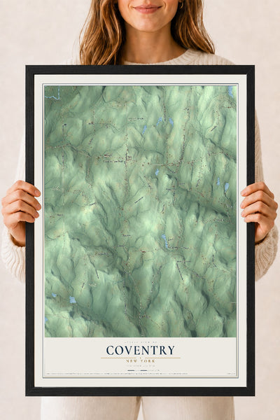 Coventry, New York map print, 18" x 24" W/ Black Ayous Wood Frame mockup