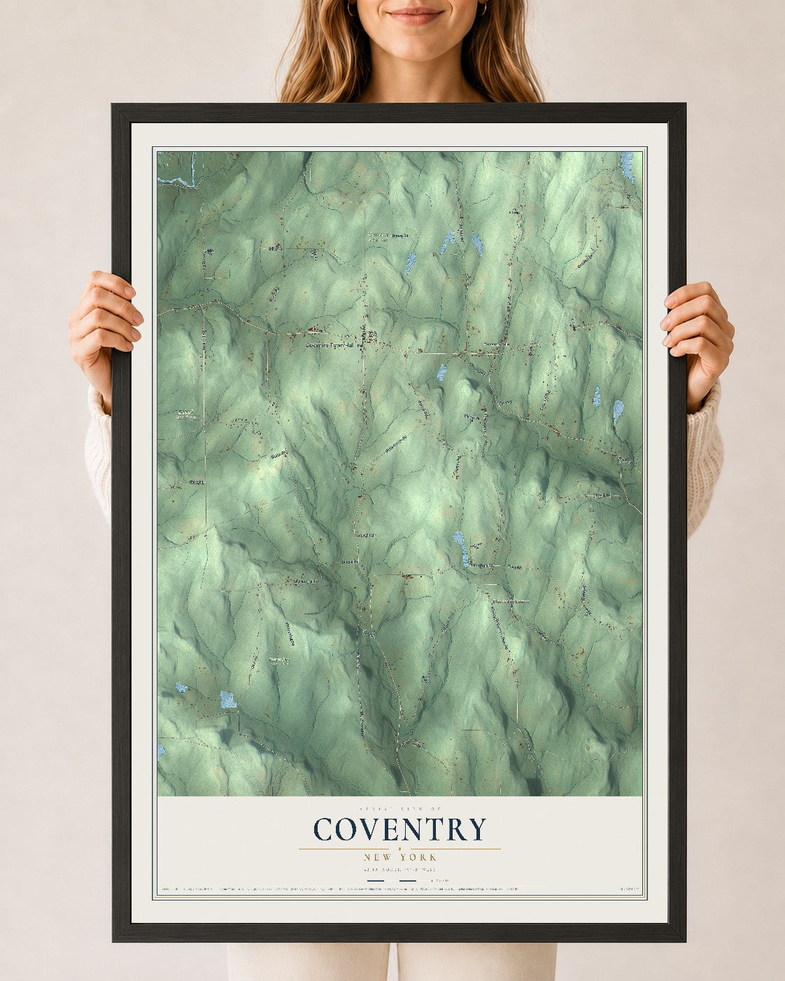 Coventry, New York map print, 24" x 36" W/ Black Ayous Wood Frame mockup