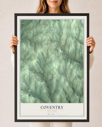 Coventry, New York map print, 24" x 36" W/ Black Ayous Wood Frame mockup