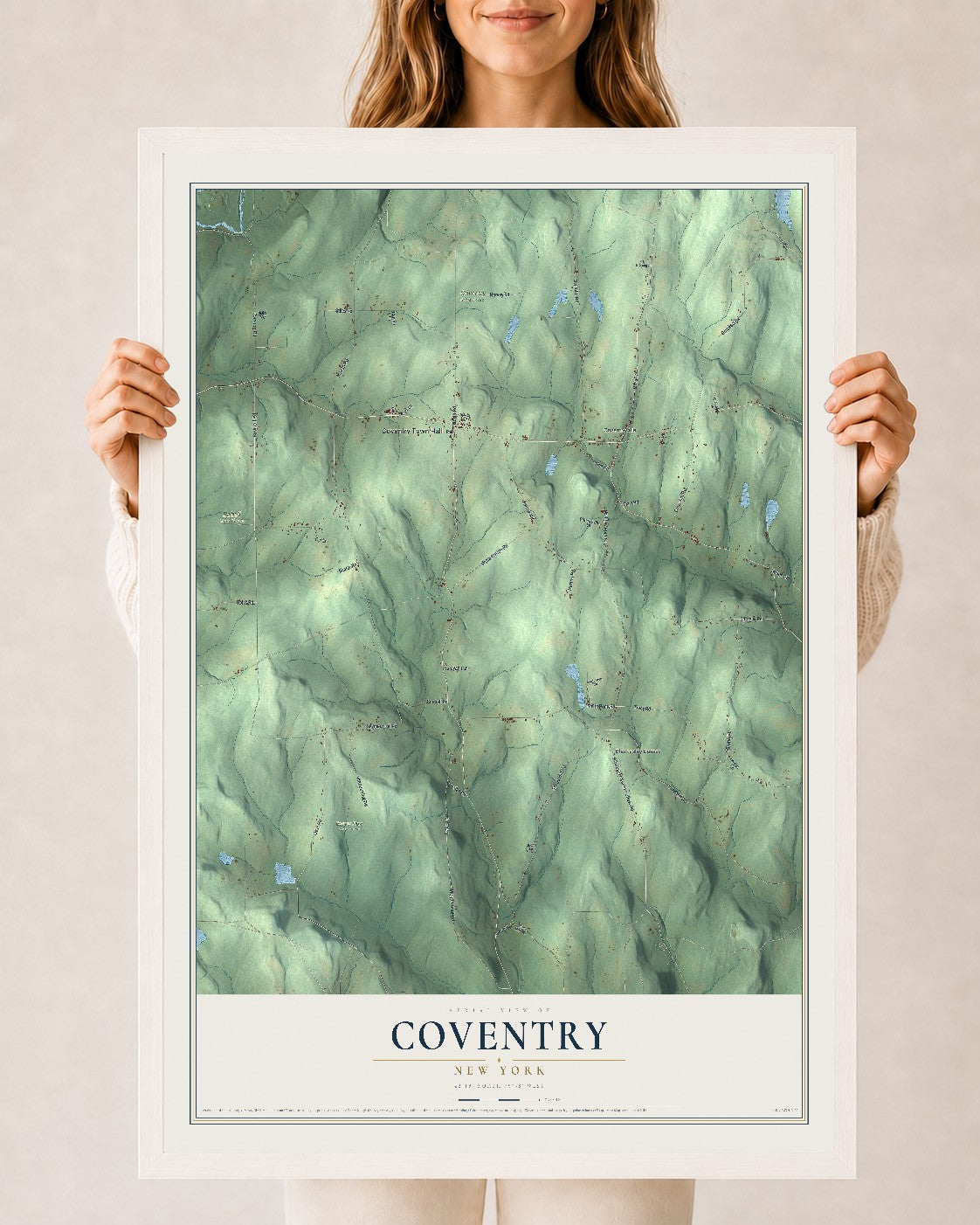 Coventry, New York map print, 24" x 36" W/ White Ayous Wood Frame mockup