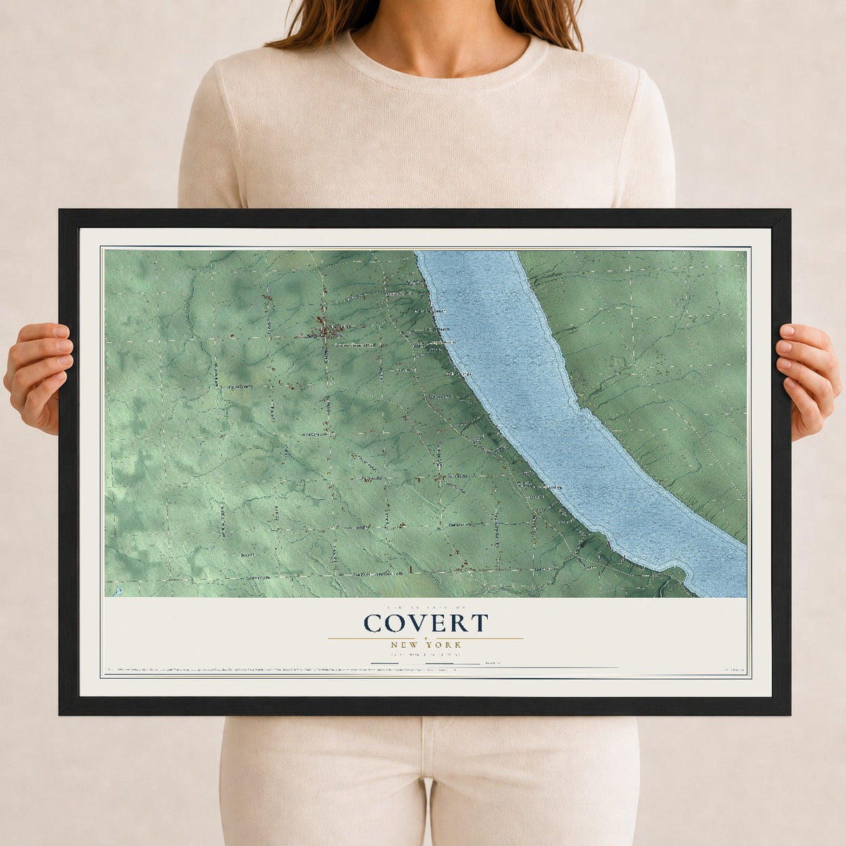 Covert, New York map print, 12" x 18" W/ Black Ayous Wood Frame mockup