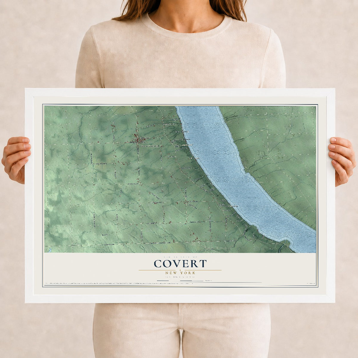 Covert, New York map print, 12" x 18" W/ White Ayous Wood Frame mockup